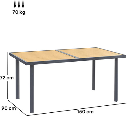 Outsunny Dining Table for 6 People, Garden Table with Rectangular Tabletop in Wood Look, Stainless Steel, for Patio, 150 x 90 x 72 cm, Natural Wood