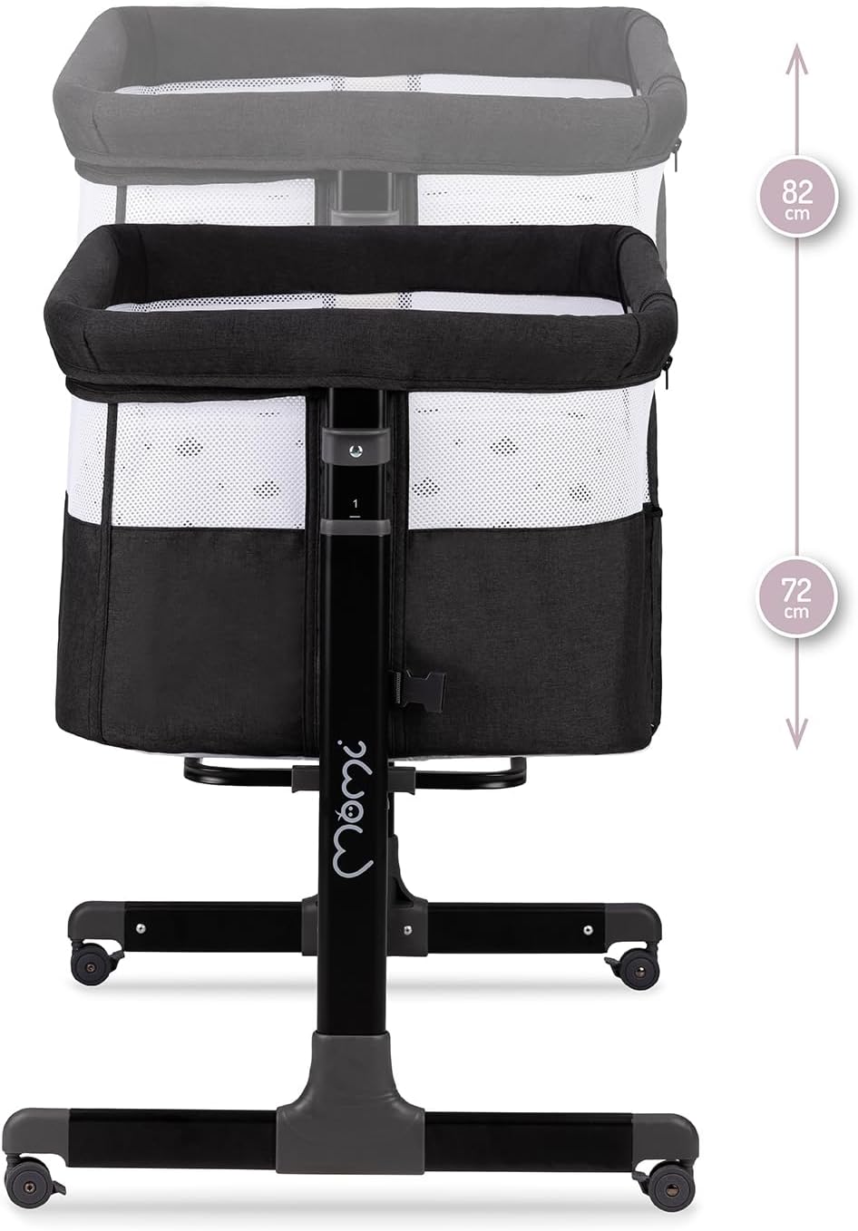 Momi Revo Multifunctionele bijzet- en kinderbed, 6-traps in hoogte verstelbaar van 72 tot 82 cm, met wielen, incl. matras, bevestigingsriemen, insectenbescherming en beugel met speelgoed