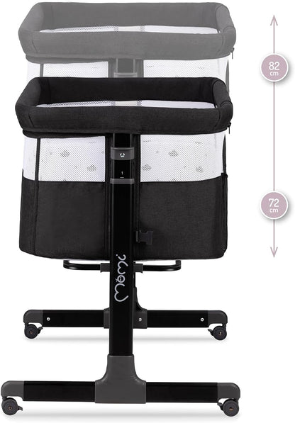 Momi Revo Multifunctionele bijzet- en kinderbed, 6-traps in hoogte verstelbaar van 72 tot 82 cm, met wielen, incl. matras, bevestigingsriemen, insectenbescherming en beugel met speelgoed