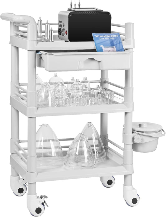 Iklestar Trolley Cart met 3 etages met emmer en grote lade, multifunctionele serveerwagen voor schoonheidssalon, spa, kantoor, kliniek, thuis, 360° draaibare stille wielen