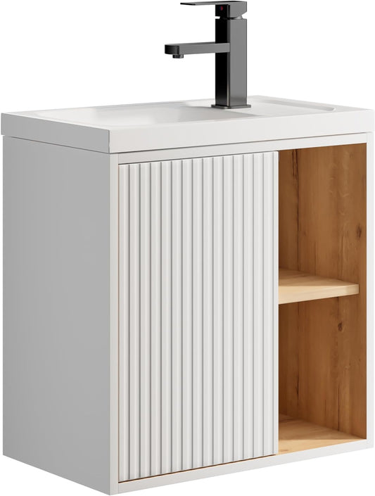 Wastafelmeubel – Badmeubel – Wastafelkast – Onderkast – Badkamermeubel – Hangend – Compact 50,5 cm – Waterbestendig MDF met Houten Planken