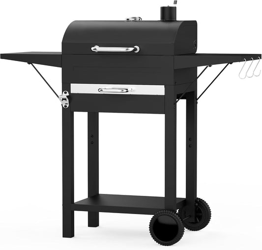 XL Houtskool BBQ Grill voor buiten koken vierkante buis kar roker grill met thermometer, dubbellaags grillrooster, bijzettafel en beweegbare wielen, zwart