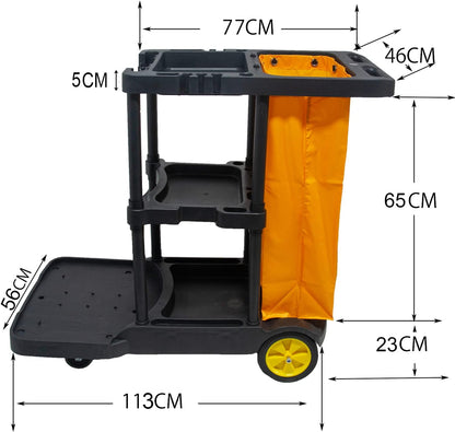 Bimiti Professionele reinigingswagen met extra grote tas, 113 x 56 x 93 cm, 3 niveaus met grote capaciteit, reinigingswagen, afvalzakken van 65 liter, geel en zwart