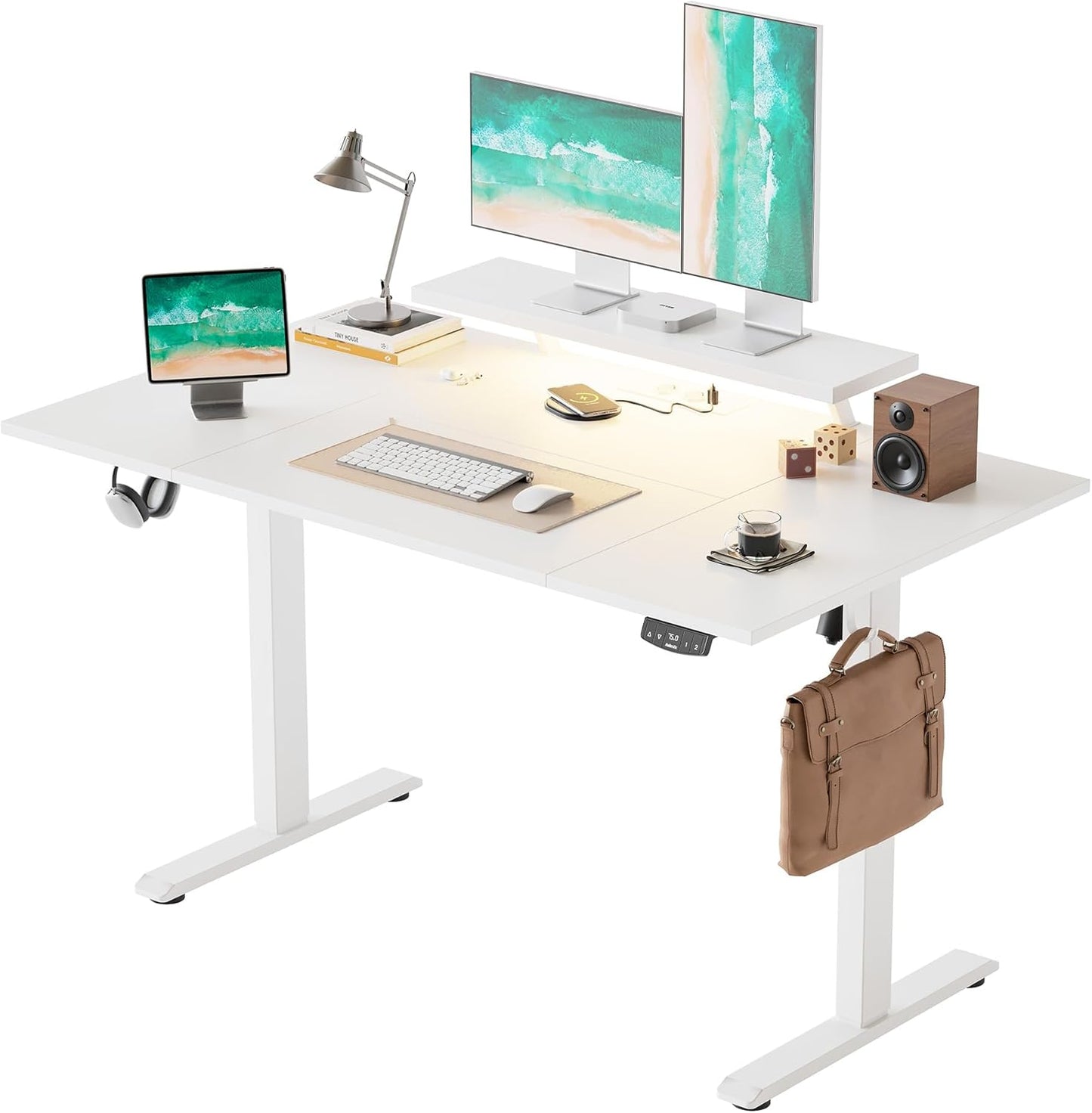 Agilestic Elektrisch in hoogte verstelbaar bureau, 140 x 80 cm, met beweegbare monitorstandaard, led-lichtbalk en USB-aansluiting, staand bureau met 4-delig tafelblad, computertafel, wit