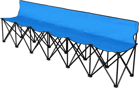 Flexzion Draagbare opvouwbare bank, 6-zits, opvouwbare voetbalbank, draagbare bankstoelen voor bleekmiddelen, camping, zijlijn, met rugleuning en draagtas, blauw