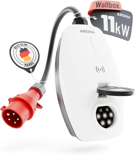 ABSINA Mobiele Wallbox 11kW 16A met App-bediening - Wallbox met CEE-stekker, RFID & instelbare laadsnelheid - Elektroauto Wallbox 3-fasen voor i3, e-Up, ID.3, ID.4, Zoe, fortwo UVM - Wallbox CEE