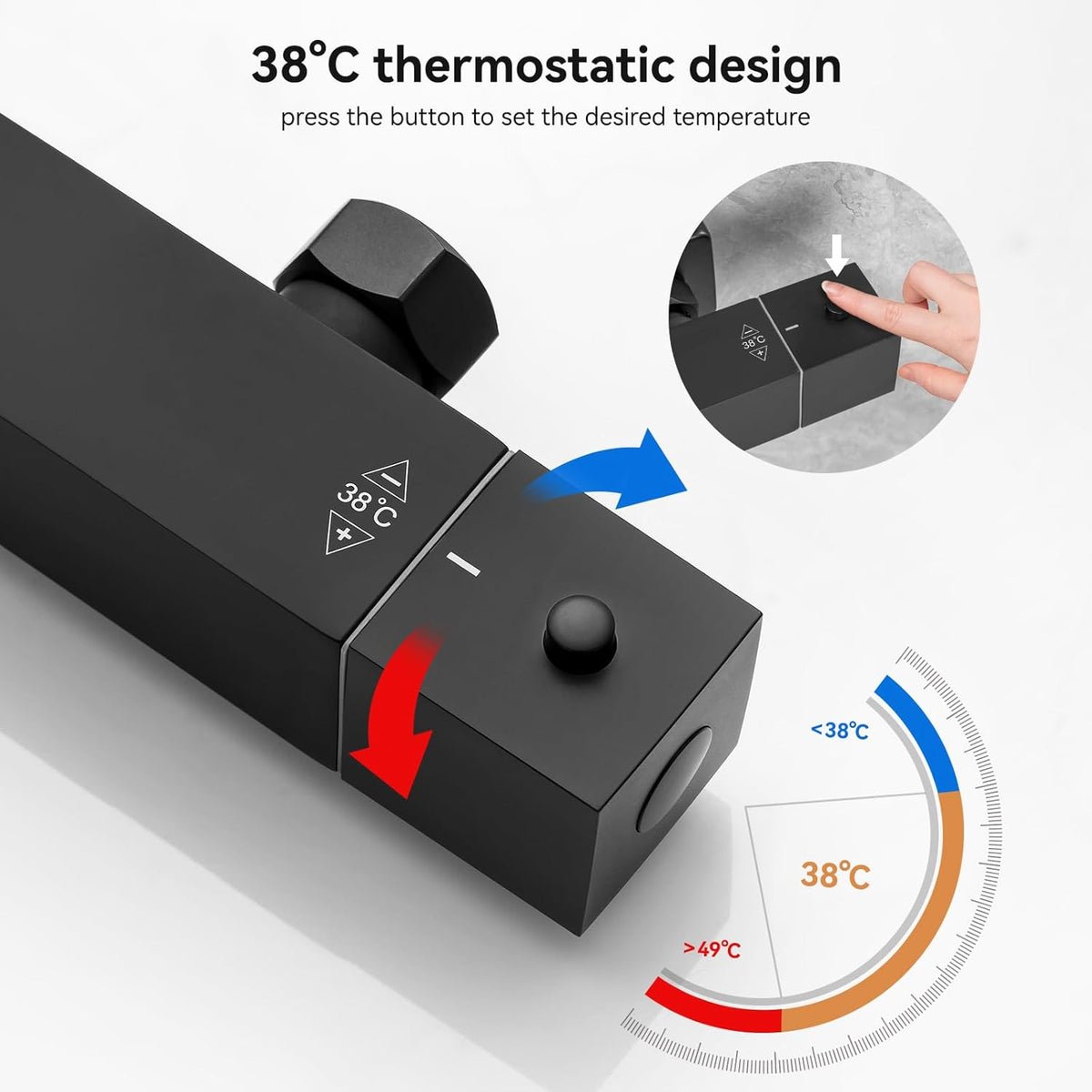 Thermostaat Doucheset – Douchegarnituur – Douchestang – Regendouche – Handdouche – 30x30 cm RVS Regendouche – 6 Straalsoorten Handdouche – Verstelbare Douchestang 88-124 cm – Matzwart Roestvrij Staal