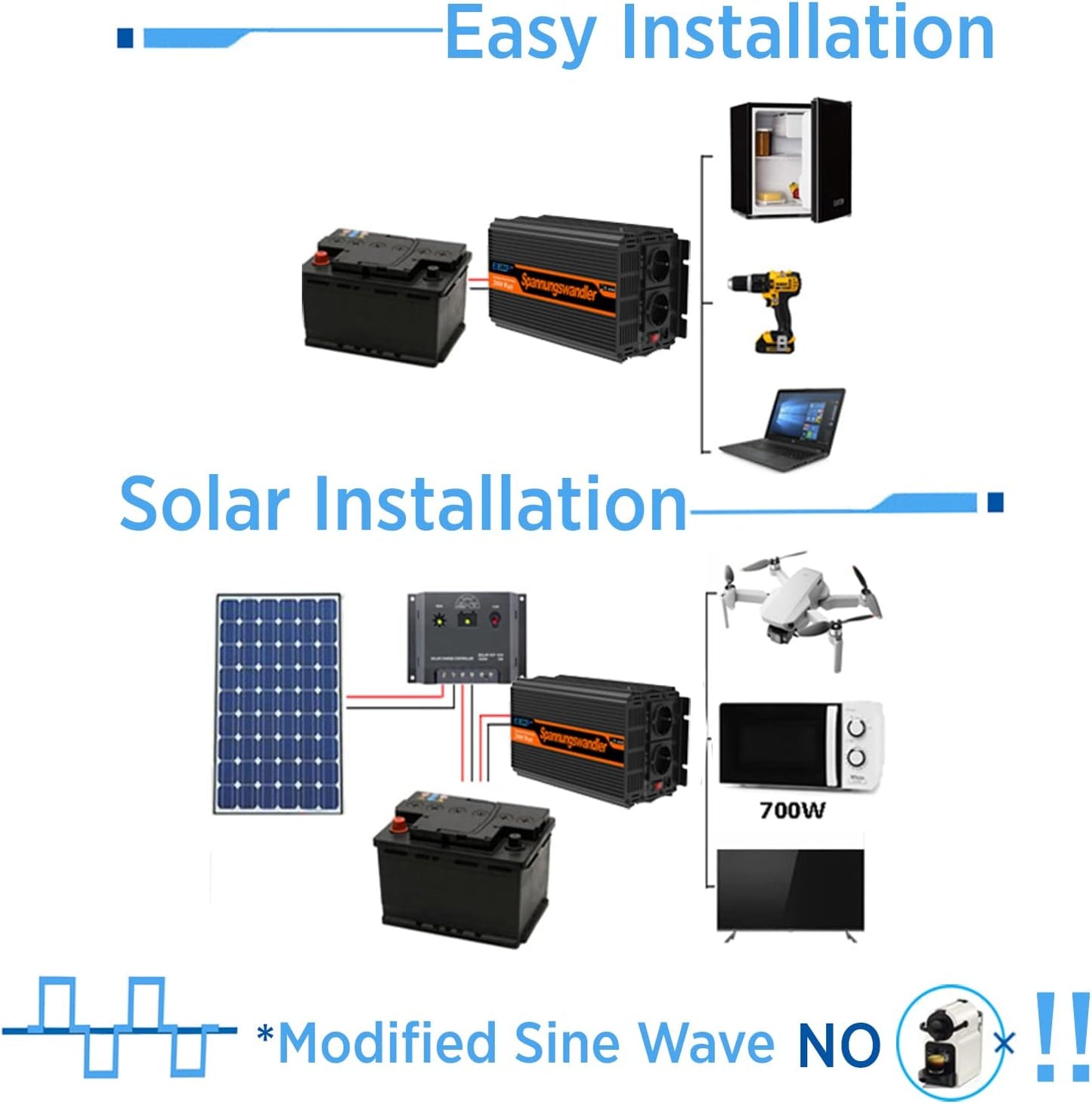 EDECOA 3000W Auto Omvormer 12V naar 230V 6000W Piek Camper Spanningsomvormer 12V 220V Gewijzigde Sinus Nieuwe Afstandsbediening met LCD Scherm en 2 USB