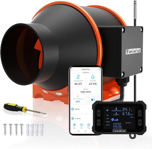FanGoFast 100mm APP-gestuurde buisventilator met temperatuur- en vochtigheidsregelaar, EC-motor, 3000 RPM afvoerventilator voor booster, kweektenten, ventilatie en afvoerventilator