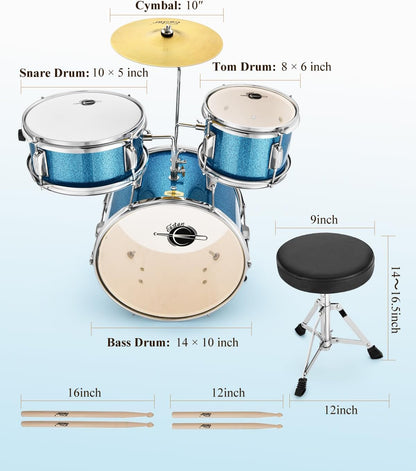 Eastar 3-delig voor kinderen, 3-delig voor beginners, 14 inch drumset met verstelbare troon, bekken, pedaal en twee paar drumsticks, junior drumset met bas Tom snaredrum, metallic hemelsblauw