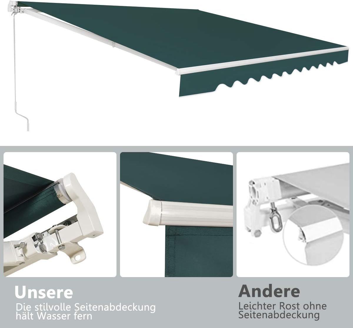 FANTASK Luifel 5-35° hoek instelbaar, zonnescherm met een lange zwengel, UPF50+, terrasluifel 300 x 250 cm (groen)
