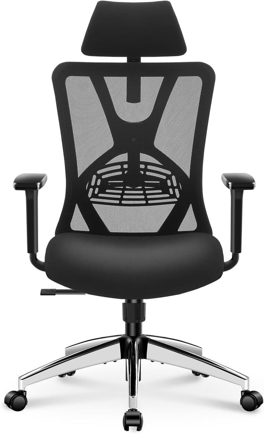 Ticova Ergonomische Bureaustoel - Hoge Rug Bureaustoel met Verstelbare Lendensteun, Hoofdsteun en 3D Armleuning - 130° Schommelende Mesh Computerstoel