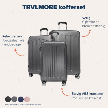TRVLMORE Kofferset - 3 Delig - 38L Handbagage + 110L Ruimbagage - Lichtgewicht - Trolley - Reiskoffer Set - Donkergrijs