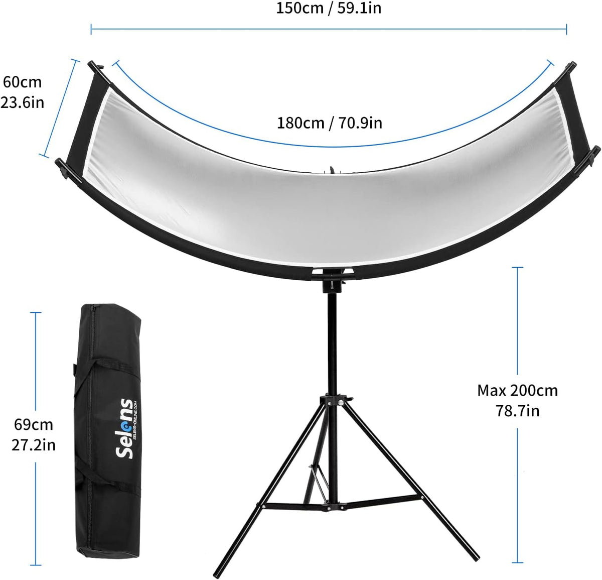4-in-1 Portretreflector – U-vorm Reflector – Gebogen Reflector – Beautyreflector – Fotoreflector – 60 x 180 cm – Inclusief 200 cm Lichtstatief