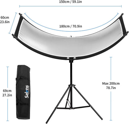 4-in-1 Portretreflector – U-vorm Reflector – Gebogen Reflector – Beautyreflector – Fotoreflector – 60 x 180 cm – Inclusief 200 cm Lichtstatief