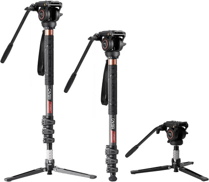 Cayer CF34DVH4 Professionele Video Monopod voor 71 "Carbon Fiber Telescopische Camera met Swivel Head en Tripod Base voor DSLR Camcorders Camcorders