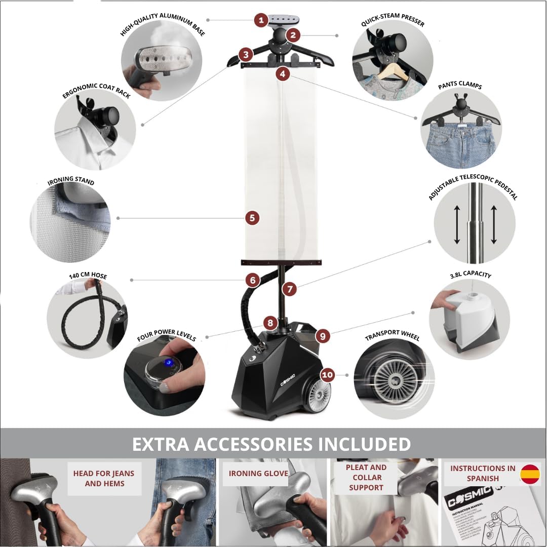 RHINO COSMIC Verticaal Stoomstrijkijzer 2350W (4 Vermogensstanden) 3,8L Tank Continue Stoom 50g/min | Strijkstation voor Kleding en Diverse Stoffen | Inclusief Pluizenborstel en Accessoires