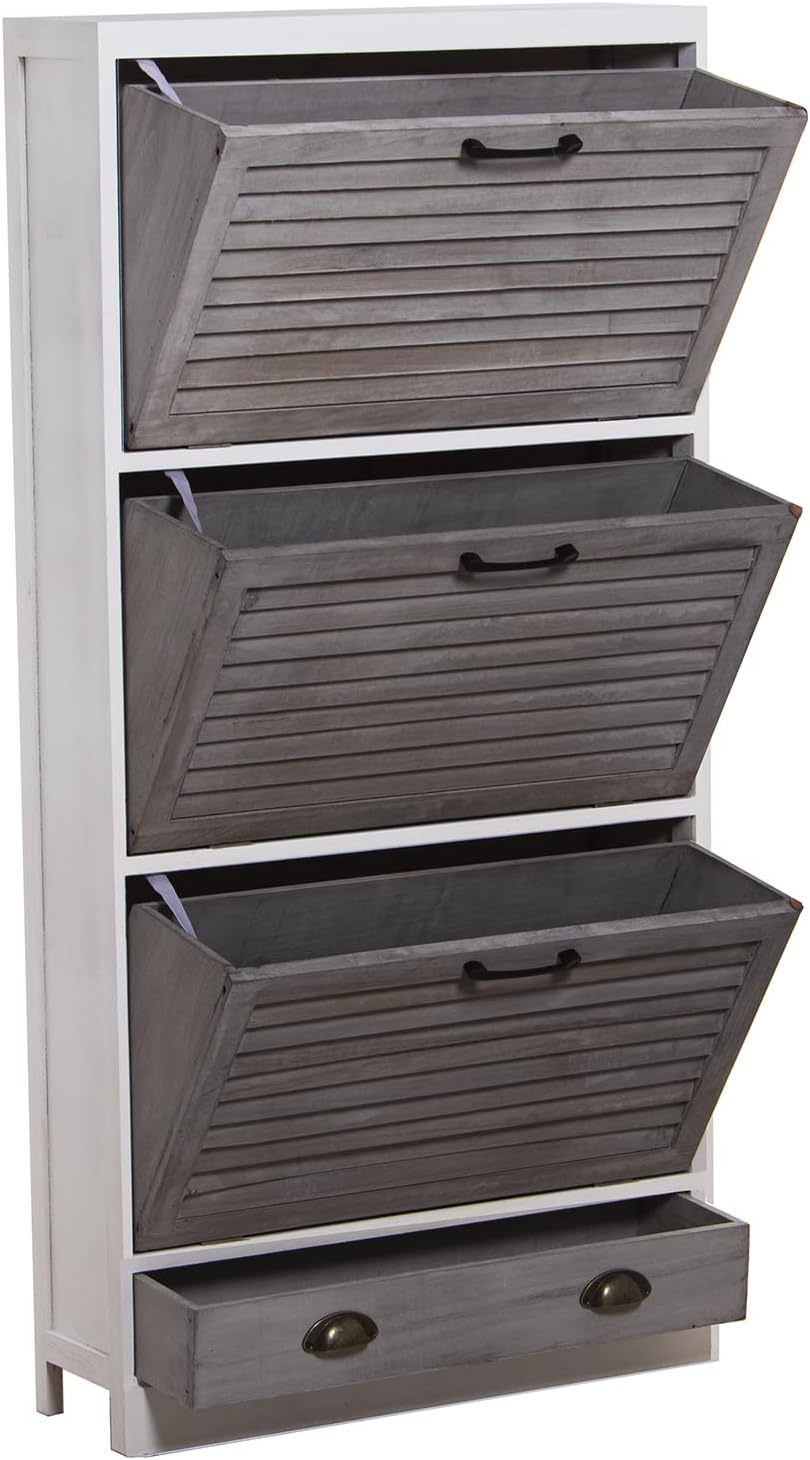 DRW Schoenenkast met 3 deuren en 1 lade van Paulownia in wit en grijs, 65 x 20 x 132 cm