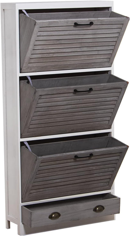 DRW Schoenenkast met 3 deuren en 1 lade van Paulownia in wit en grijs, 65 x 20 x 132 cm