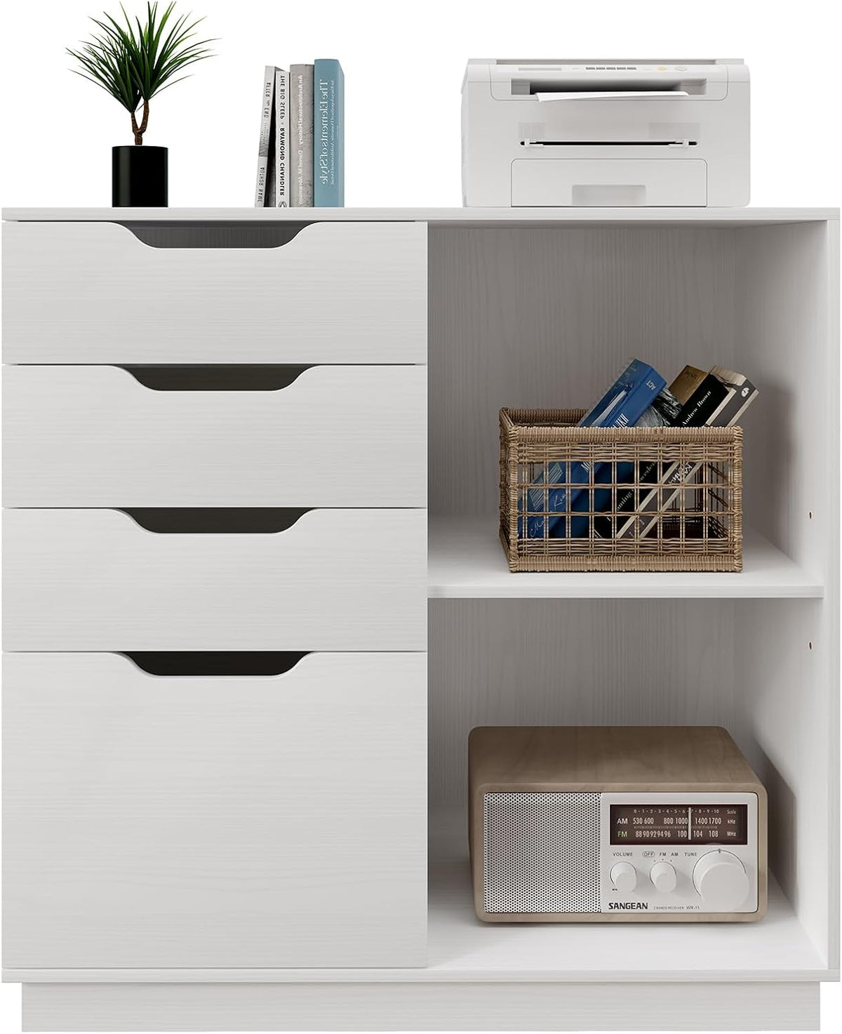 EasyPAG Houten zijarchiefkast met 4 laden, A4-formaat formaat hangmap, archiefkast, printerstandaard met open opbergplank voor kantoor en thuis, wit
