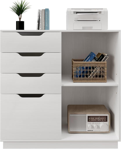 EasyPAG Houten zijarchiefkast met 4 laden, A4-formaat formaat hangmap, archiefkast, printerstandaard met open opbergplank voor kantoor en thuis, wit