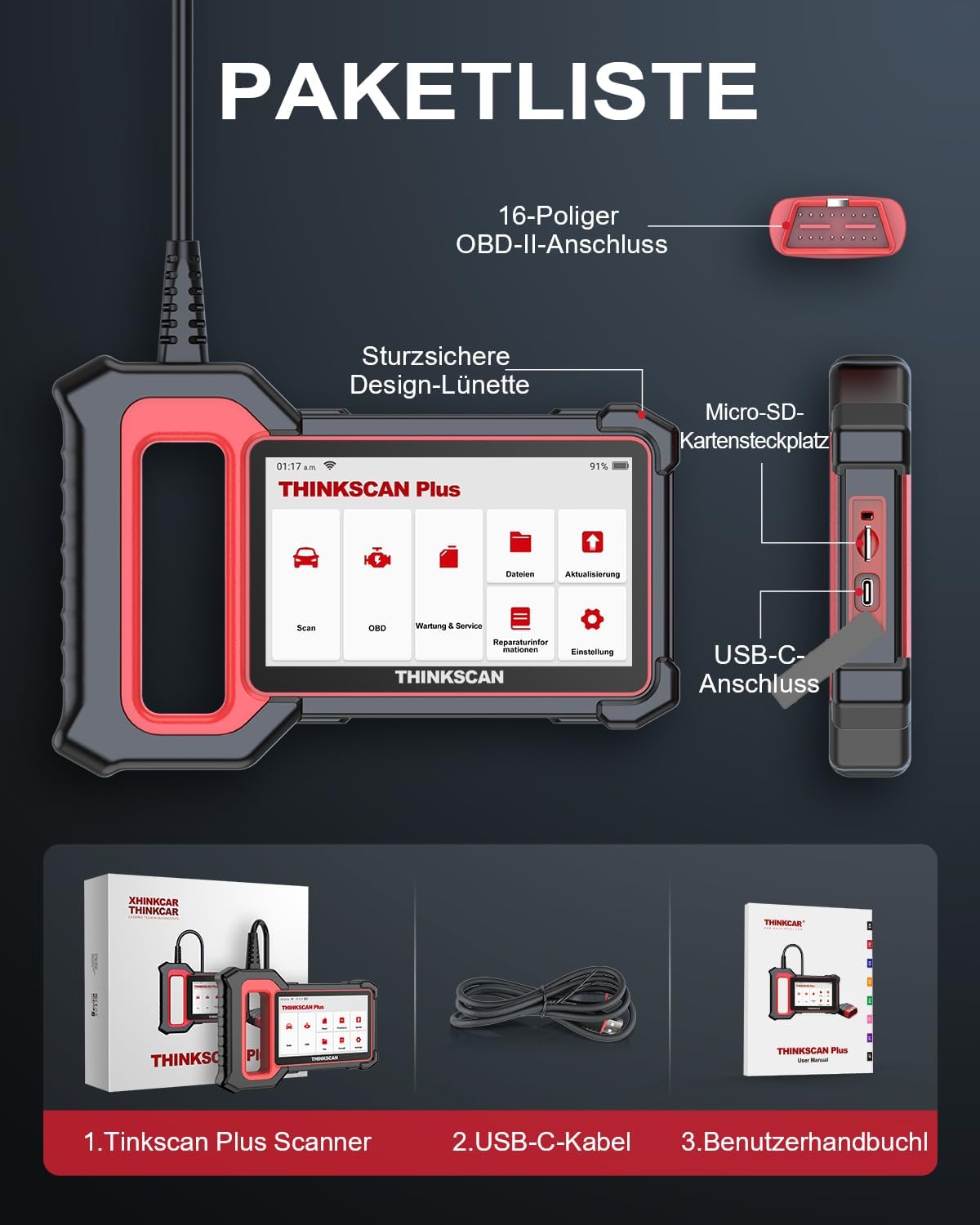 thinkcar OBD2 diagnoseapparaat, ThinkScan Plus S7 diagnoseapparaat auto met 7 systeemdiagnoses (ABS SRS ECM TCM BCM AC IC) en 5 resetfuncties, auto-diagnoseapparaat voor automatische VIN-scan