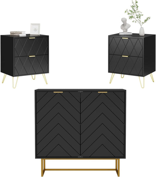 3-Delige Meubelset Slaapkamer – Kledingkast – Nachtkastjes – Opbergkast – Bijzettafels – Scandinavisch Design – Zwart Met Goud – Verstelbare Planken – MDF Met Metalen Poten