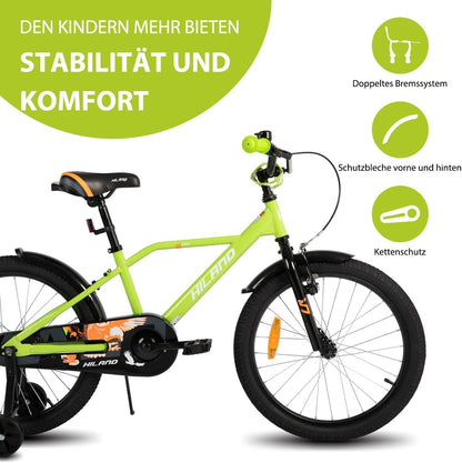 Hiland Kinderfiets, 32/14/16/20 cm, voor jongens van 3-10 jaar, met steunwielen, jongensfiets met handrem en terugtraprem, zwart/groen/blauw