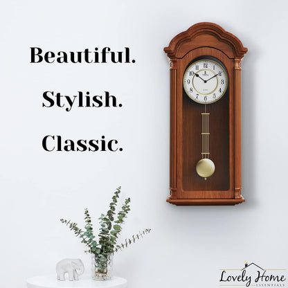 Pendulum Wall Clock Battery Operated - Large, Wooden Hanging Grandfather Wall Clock with Pendulum - Quiet, Made with Real Wood for Living Room Decor, Office & Home Décor Gift 26x12
