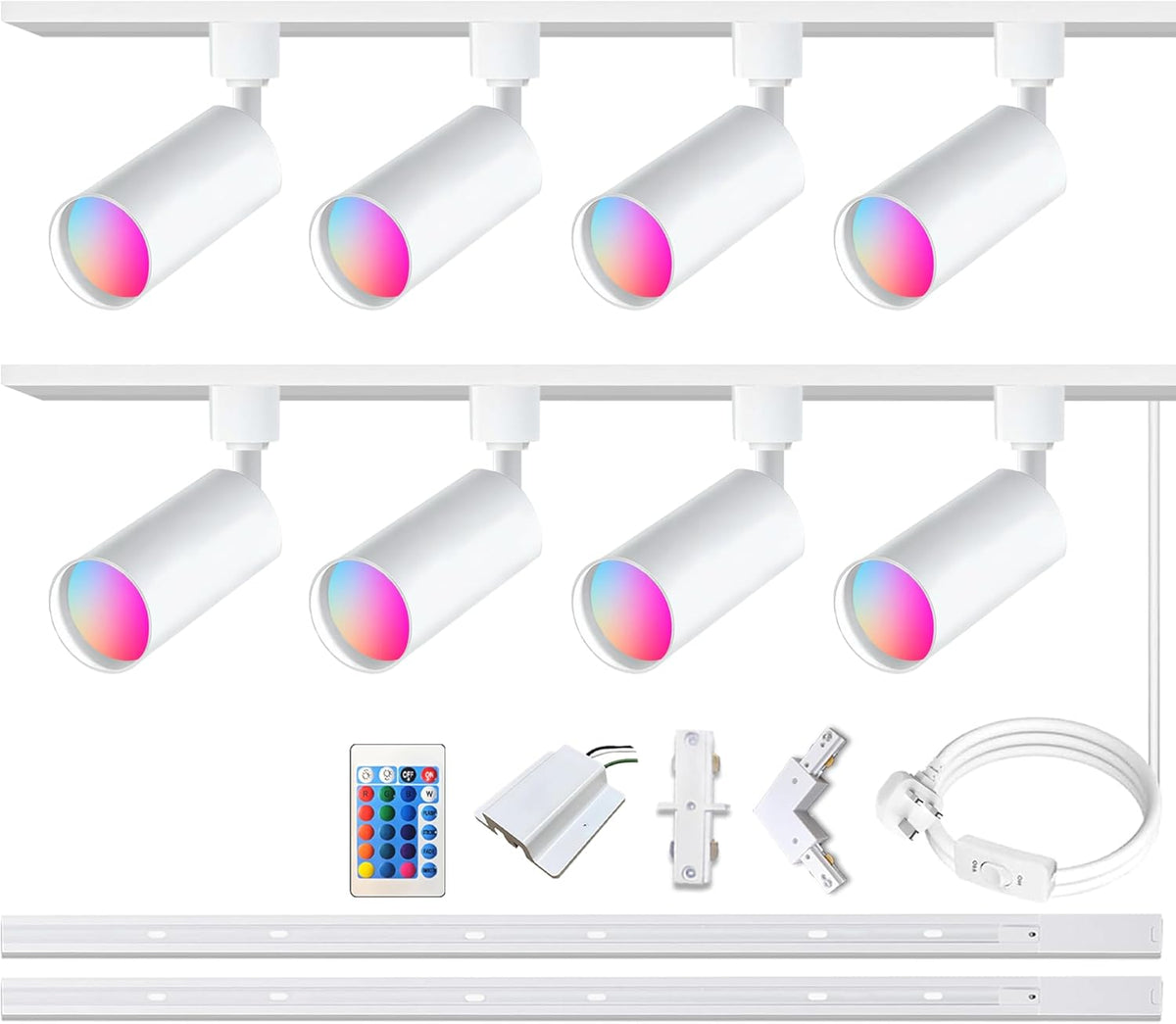GU10 RGB-railverlichtingsset met gekleurde lampen, 8 stuks plafondspot met 2 x 1,5 m H-type rail, IR-afstandsbediening, meerkleurige spotlights (8 stuks, wit)