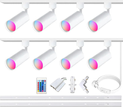 GU10 RGB-railverlichtingsset met gekleurde lampen, 8 stuks plafondspot met 2 x 1,5 m H-type rail, IR-afstandsbediening, meerkleurige spotlights (8 stuks, wit)
