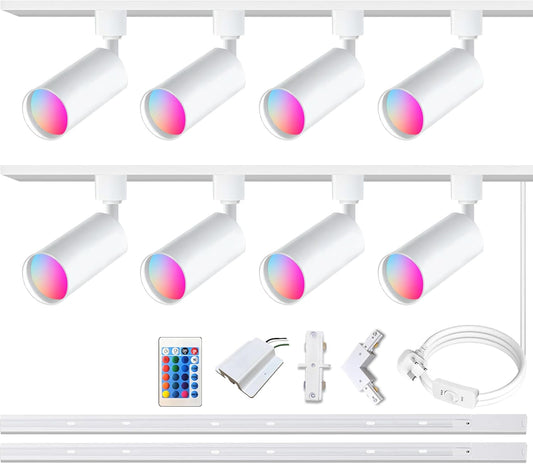GU10 RGB-railverlichtingsset met gekleurde lampen, 8 stuks plafondspot met 2 x 1,5 m H-type rail, IR-afstandsbediening, meerkleurige spotlights (8 stuks, wit)
