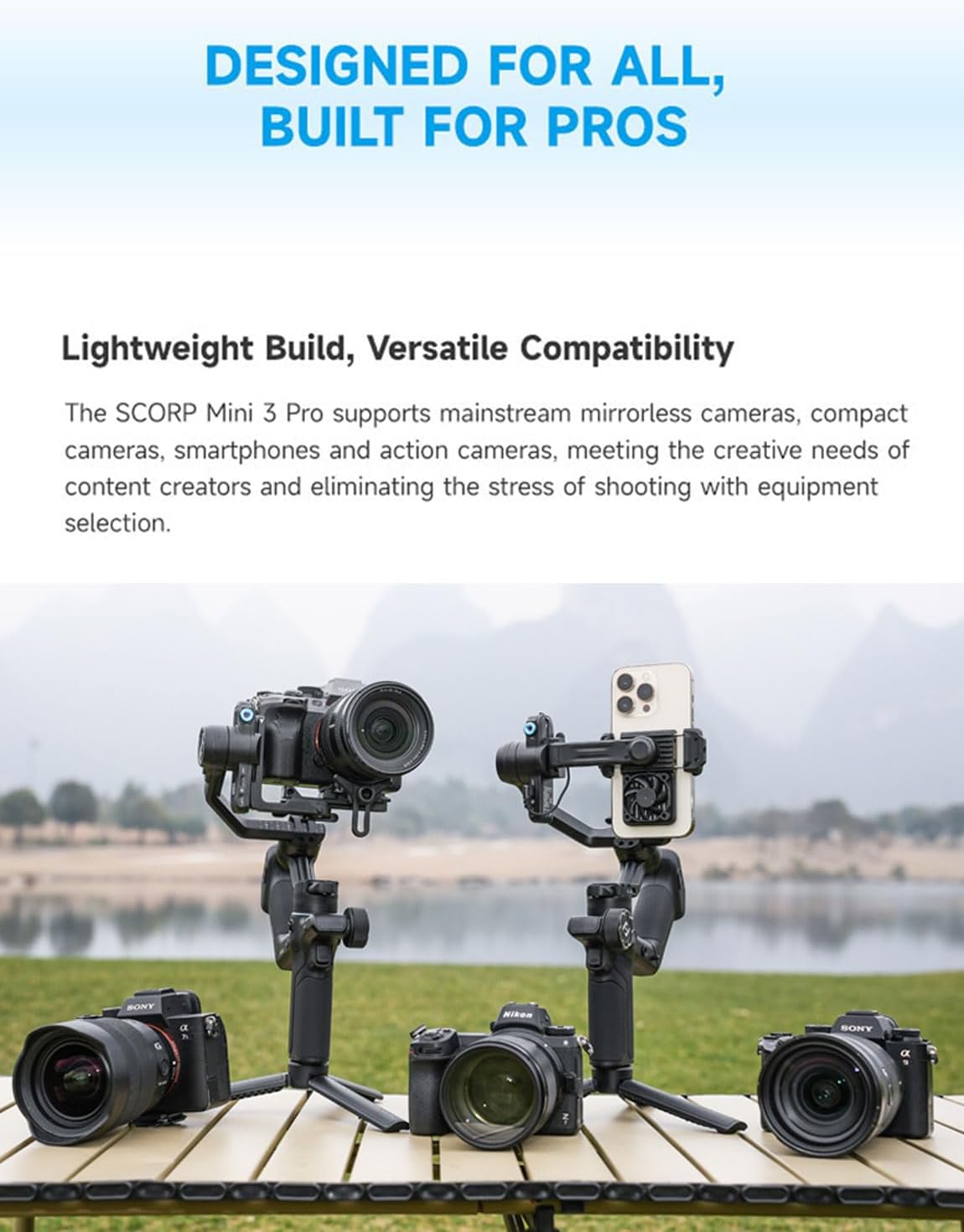 FeiyuTech SCORP Mini-3-Pro Gimbalstabilisator voor spiegel/compact/actiecamera, smartphone, 18 m AI-tracking, afneembare afstandsbediening, 2 kg belastbaar, 3-assige gimbal voor Canon Sony