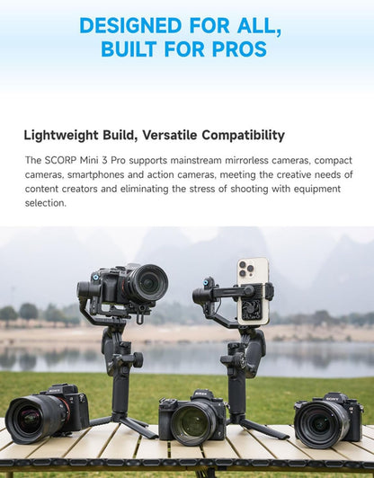 FeiyuTech SCORP Mini-3-Pro Gimbalstabilisator voor spiegel/compact/actiecamera, smartphone, 18 m AI-tracking, afneembare afstandsbediening, 2 kg belastbaar, 3-assige gimbal voor Canon Sony