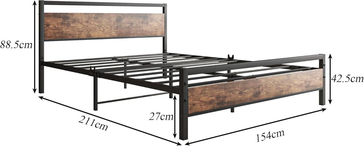 HOJINLINERO Kingsize bedframe met houten hoofdeinde, metalen platformbedframe kingsize matrasbasis, metalen lattensteun en opbergruimte onder bed, massief metalen bedframe tweepersoonsbed, zwart