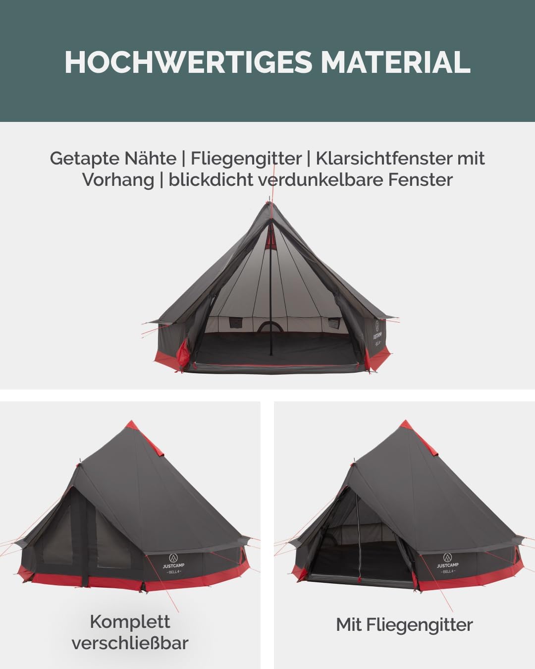 Justcamp Bell Tipi Tent Camping voor groepen, families, Pyramid tent kamperen (6, 8, 10, 12 personen)
