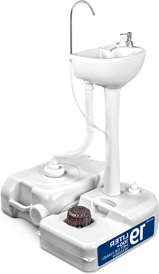 SereneLife Portable Camping Sink with Towel Holder & Soap Dispenser -Camping Sink- 17L Clean Water 24L Waste Tank- Hand Wash Bin for Outdoor Events, Work Venues, Camping- White - QUORE