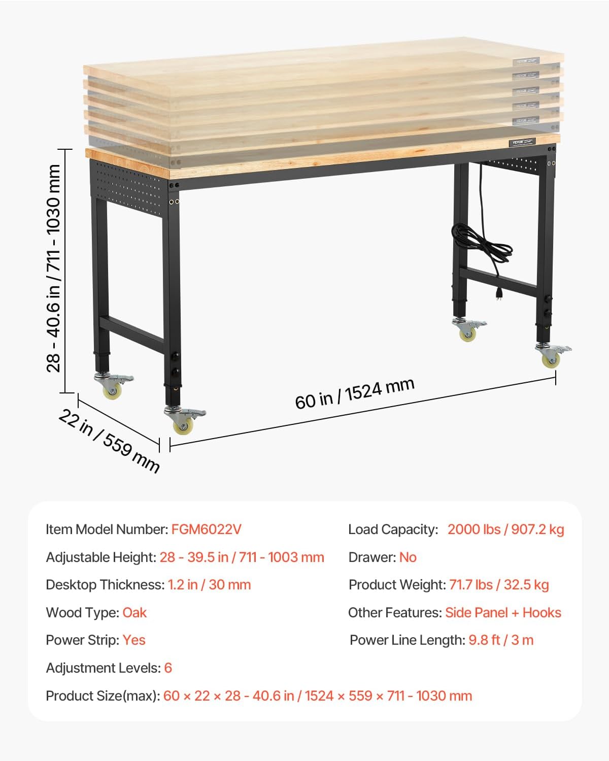 VEVOR 60 Inch Adjustable Workbench, 900 kg Load, Workbench with Socket, Wheels and Pegboard, Heavy Duty Oak Work Table for Garage, Workshop, Office and Home
