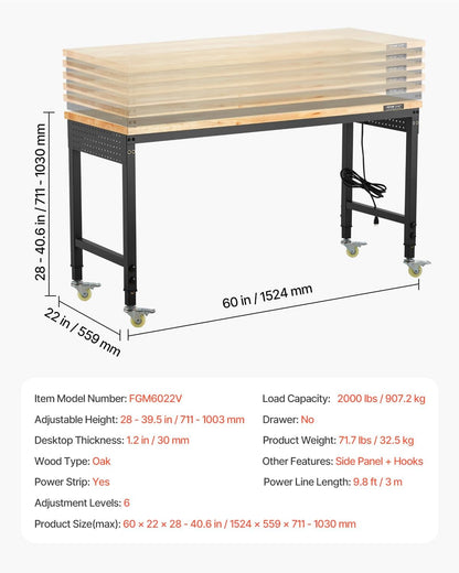 VEVOR 60 Inch Adjustable Workbench, 900 kg Load, Workbench with Socket, Wheels and Pegboard, Heavy Duty Oak Work Table for Garage, Workshop, Office and Home