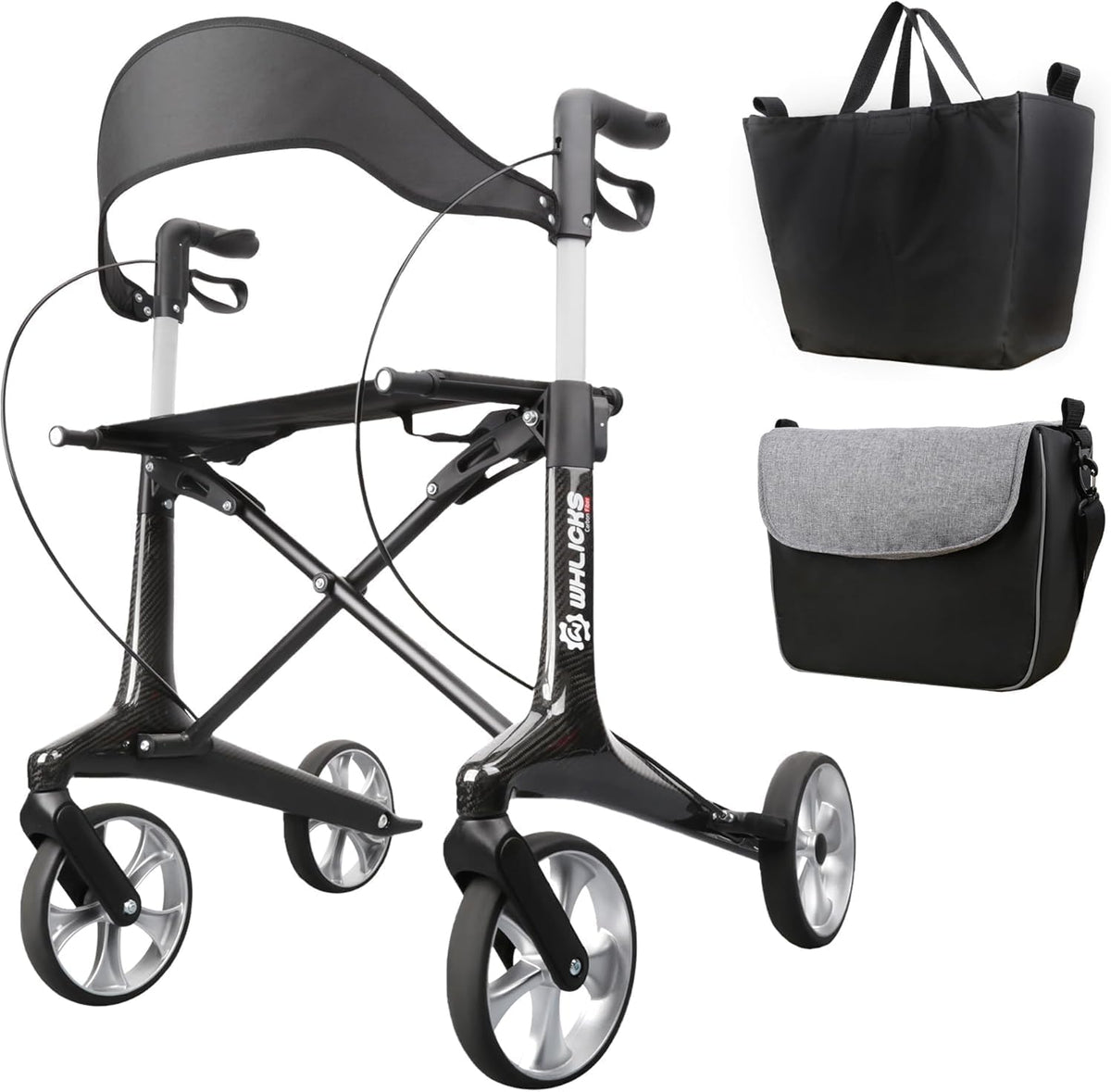 Carbon rollator, opvouwbaar en licht, met zitting, smalle rollator voor woning, opvouwbare rollatoren voor ouderen met een gewicht van 6 kg, handgreep, verstelbare hoogte 78-98 cm (Zwart)