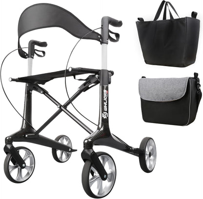 Carbon rollator, opvouwbaar en licht, met zitting, smalle rollator voor woning, opvouwbare rollatoren voor ouderen met een gewicht van 6 kg, handgreep, verstelbare hoogte 78-98 cm (Zwart)