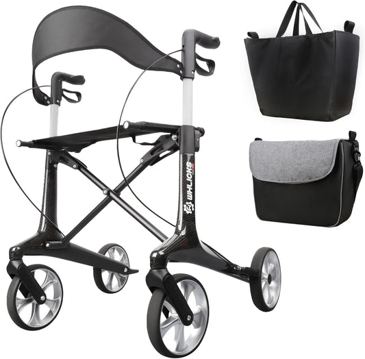 Carbon rollator, opvouwbaar en licht, met zitting, smalle rollator voor woning, opvouwbare rollatoren voor ouderen met een gewicht van 6 kg, handgreep, verstelbare hoogte 78-98 cm (Zwart)