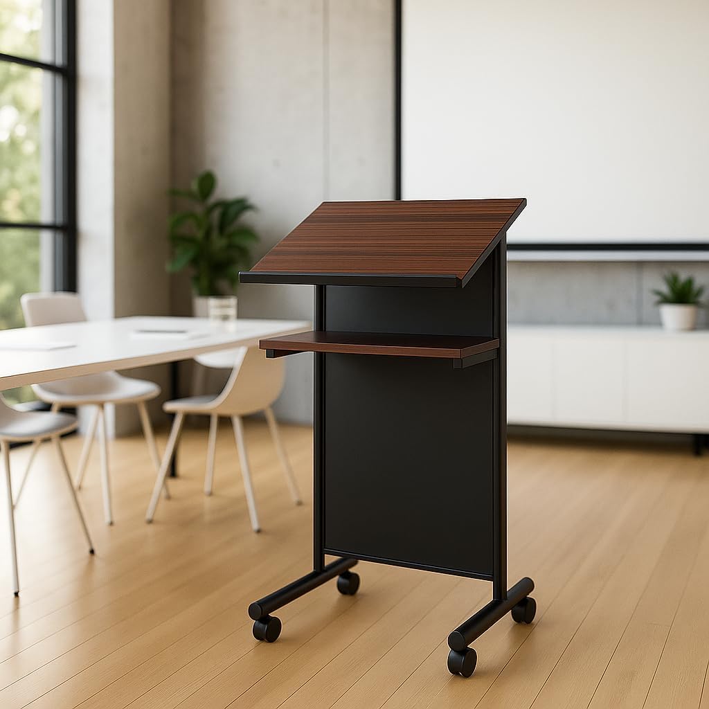 Audio-Visual Direct Lessenaar Podium op wielen - sta-bureau met opbergplank - kers/zwart - ideaal voor presentaties en laptopgebruik