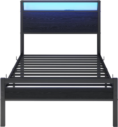 Bed van metaal en hout, 90 x 200 cm, met lattenbodem, USB-oplaadfunctie type C, hoofdeinde met opbergruimte, voor gasten of jongeren, zwart