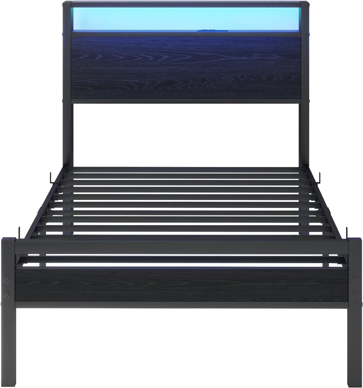 HOJINLINERO Eenpersoonsbedframe met opbergplank, hoofdeinde en LED-verlichting, metalen platformbedframe met oplaadstation, matrasbasis/sterke latten ondersteuning/opbergruimte onder bed/eenvoudige