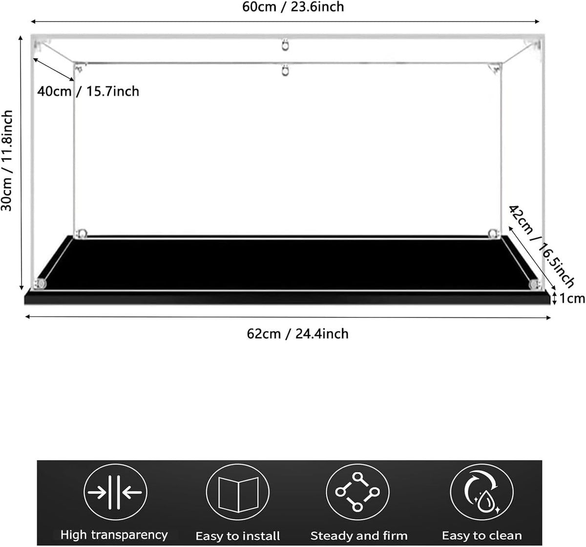 Acryl vitrinekast, acryl displaybox met zwarte basis, stofdicht, transparante displaycase, voor verzamelfiguren, poppenspeelgoed, modellen auto's (60 x 40 x 30 cm)