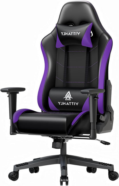 Ergonomische Gamingstoel – Gamerstoel – Bureaustoel – Gaming Stoel – Gamechair – In Hoogte Verstelbaar – 90-165° Kantelbare Rugleuning – Draaibaar 360° – Lila Variant – Met Hoofdsteun en Lendenkussen – Stevig Tot 150 kg