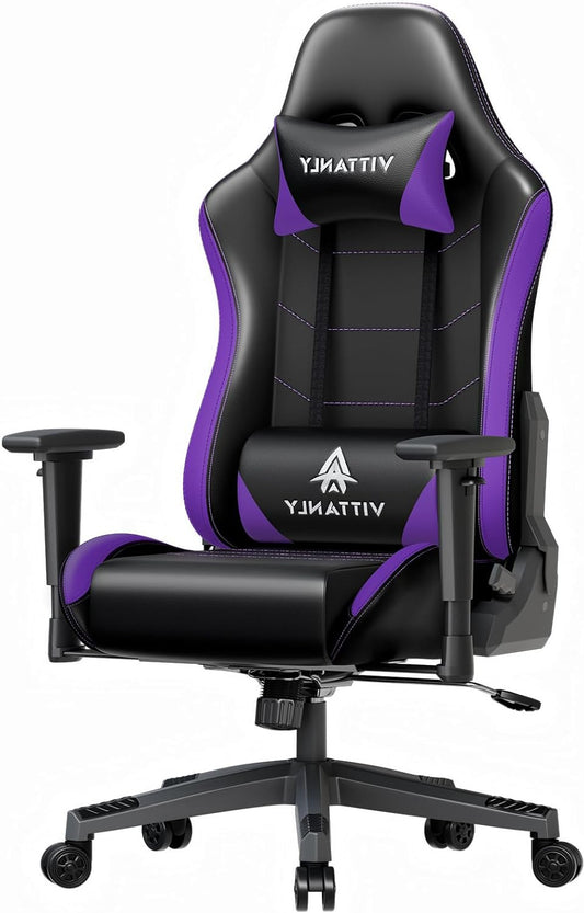 Ergonomische Gamingstoel – Gamerstoel – Bureaustoel – Gaming Stoel – Gamechair – In Hoogte Verstelbaar – 90-165° Kantelbare Rugleuning – Draaibaar 360° – Lila Variant – Met Hoofdsteun en Lendenkussen – Stevig Tot 150 kg