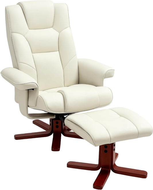 HOMCOM Recliner Chair with Stool, TV Chair with Reclining Function, Tilting Function, Padded Lounger with Adjustable Backrest, up to 150 kg, for Living Room, Faux Leather, Cream White - QUORE