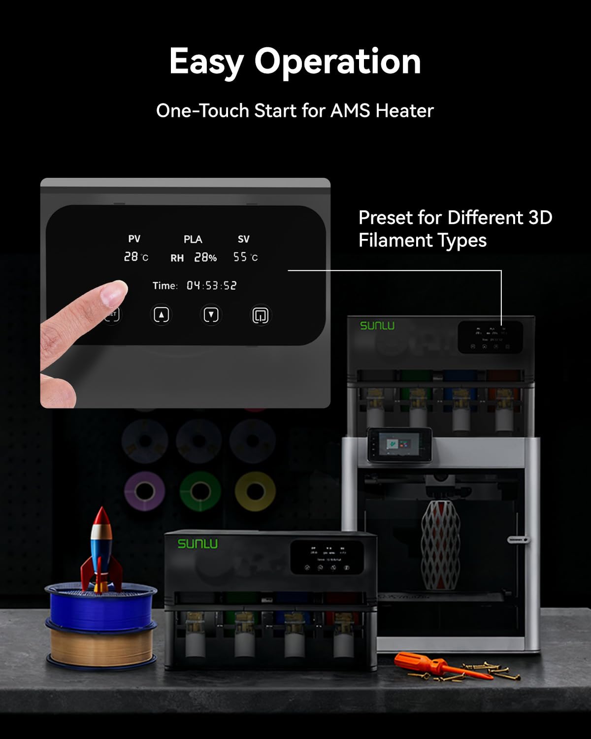 SUNLU AMS Heater for AMS Gen 1, 4 spoelen snelle 3D filamentdroger met 70 °C in 20 minuten, dual duct verwarming en drievoudige bescherming, tegelijkertijd printen en drogen
